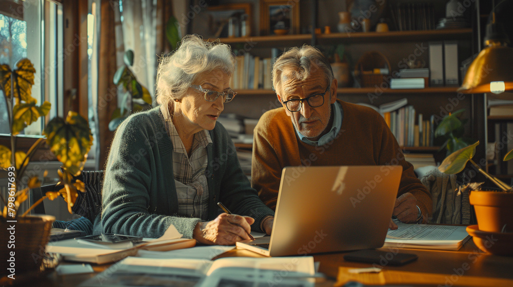 Elderly couple is trying to sort out documents using laptop Elderly couple is trying to sort out documents using laptop