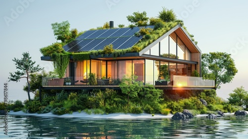 Sustainable Living Eco-Home: A 3D vector illustration of a modern eco-home with solar panels