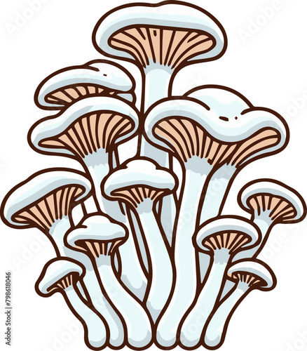 A cartoon image of a bunch of white mushrooms with brown gills. photo