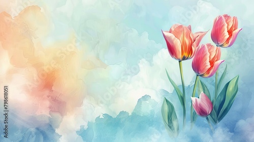 Serene watercolor tulips on pastel backdrop #798618051
