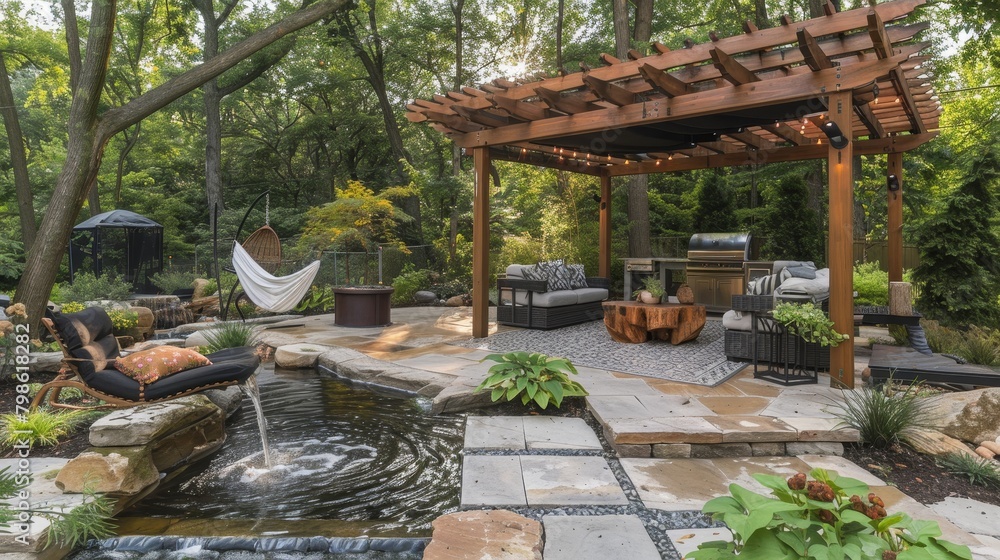 Fototapeta premium Sustainable Living Serenity: A serene outdoor living space with a calming water feature