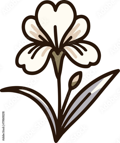 A simple line drawing of an iris flower in bloom.