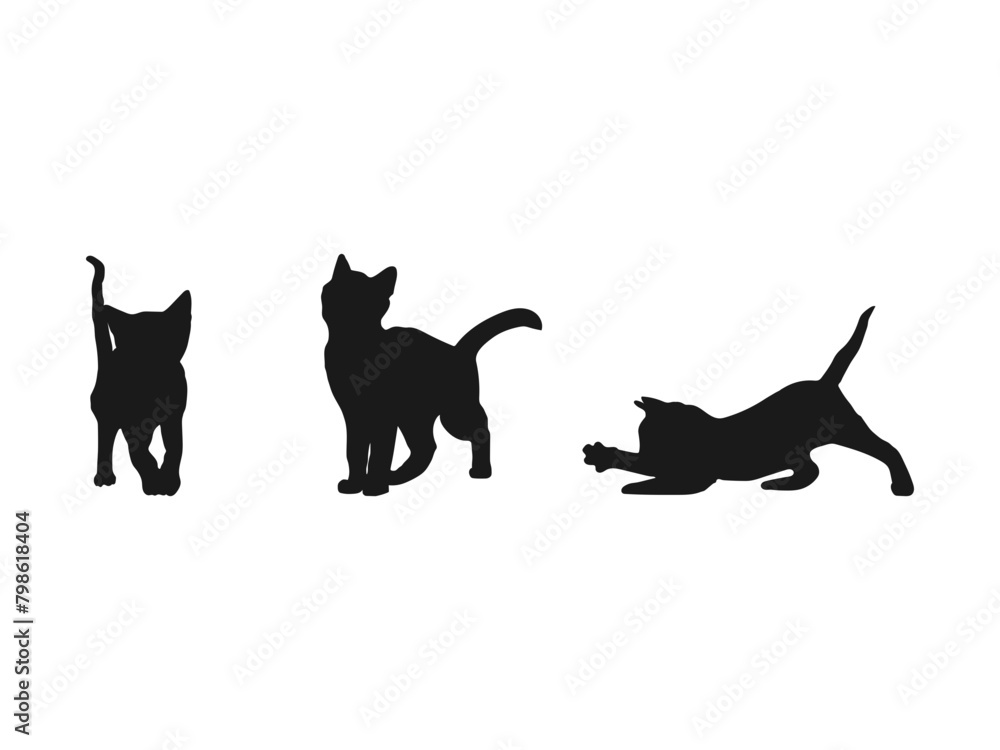 Cat silhouette logo design vector illustration. Vector silhouette of black color. Vector isolated cat silhouette, logo, print, decorative sticker.  Black cats vector isolated on white background.