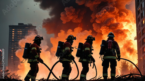 Firefighters during a firefighting operation. Smoke and flames in the background. Generative AI.