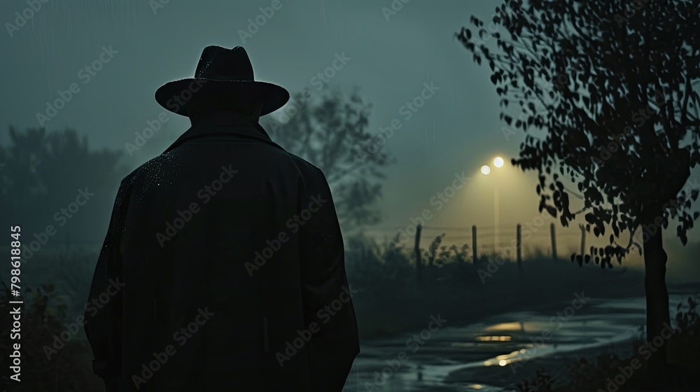 Mysterious figure in hat silhouetted against foggy twilight