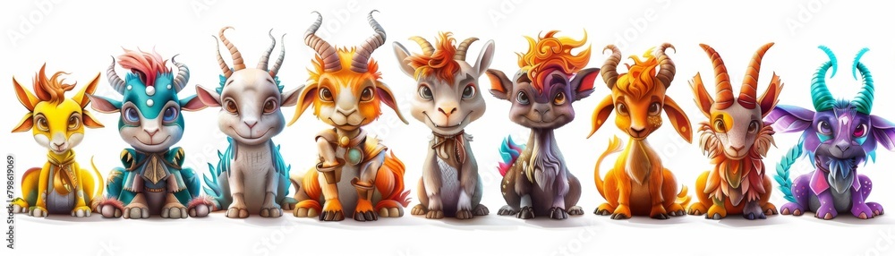 A row of cute little animals with horns and colorful fur. They are all sitting in a line A row of cute little animals with horns and colorful fur. They are all sitting in a line
