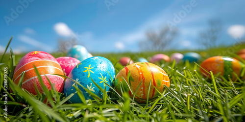  Colorful Easter eggs in grass. Happy Easter background Easter egg holiday eggs spring grass decoration celebration color colorful green nature season.