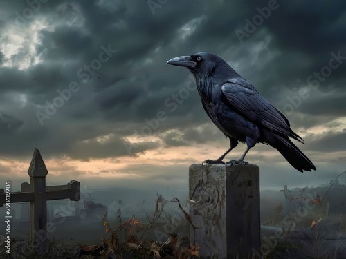 Black crow portrait in Halloween landscape