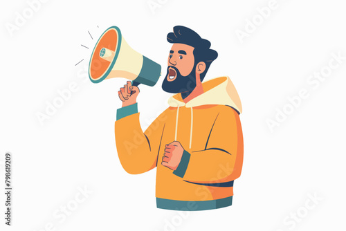 A flat vector illustration of a young man talking into a loudspeaker megaphone