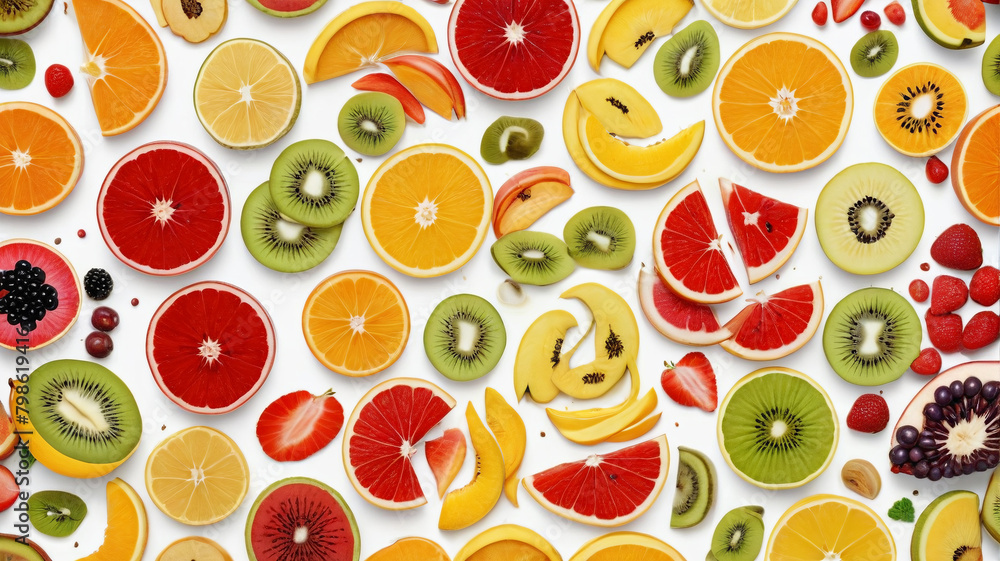 Sliced fruit pieces on a white background, top view, business promotion. Generative AI.
Sliced fruit pieces on a white background, top view, business promotion. Generative AI.