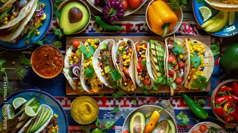 Fototapeta premium Colorful mexican tacos feast on wood table Cinco De Mayo