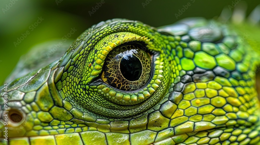 Fototapeta premium Vivid green iguana eye close-up capturing intricate details