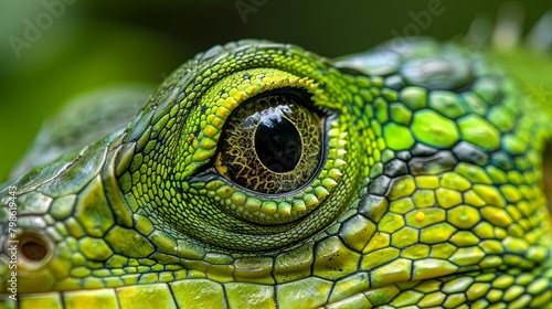 Vivid green iguana eye close-up capturing intricate details
