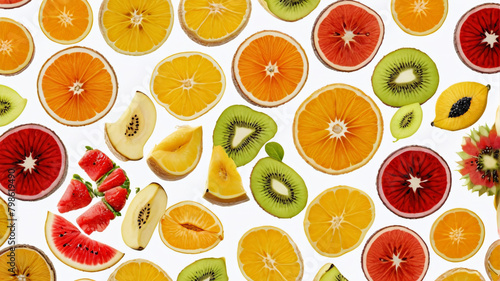 Sliced fruit pieces on a white background  top view  business promotion. Generative AI.  