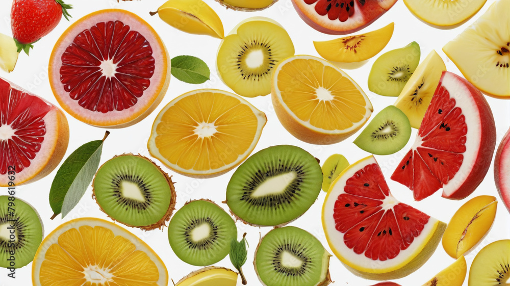 Sliced fruit pieces on a white background, top view, business promotion. Generative AI.
Sliced fruit pieces on a white background, top view, business promotion. Generative AI.