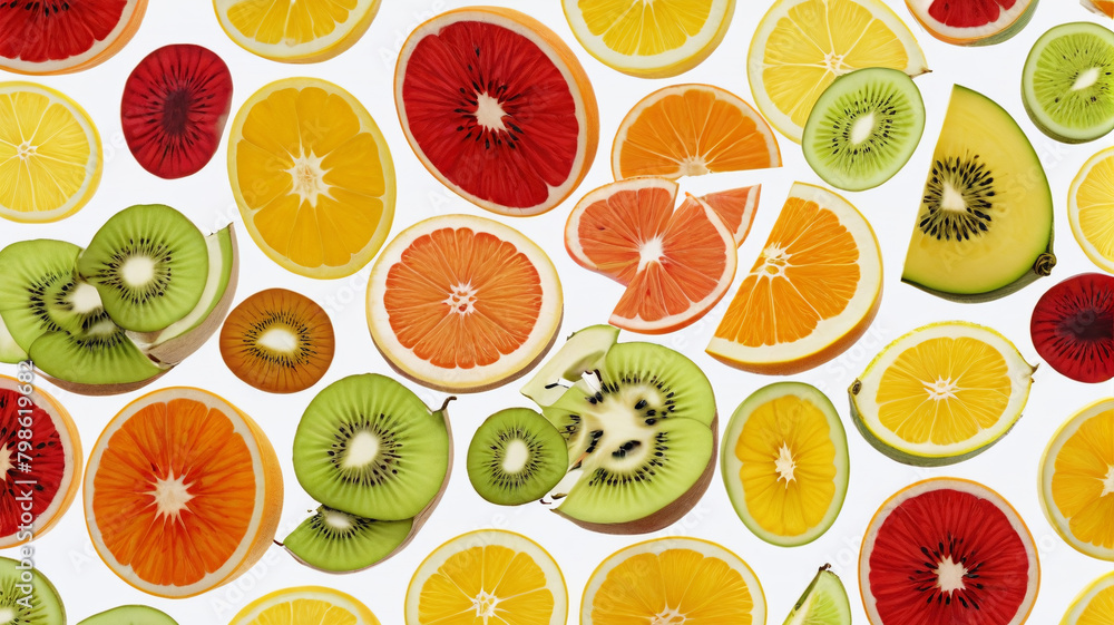 Sliced fruit pieces on a white background, top view, business promotion. Generative AI.
Sliced fruit pieces on a white background, top view, business promotion. Generative AI.