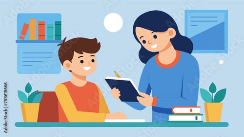 During a study session a dyslexic student teaches their peer with dysgraphia techniques for organizing and writing essays.. Vector illustration