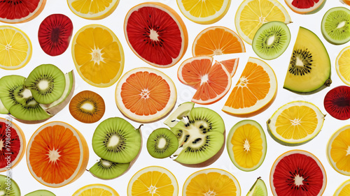 Sliced fruit pieces on a white background  top view  business promotion. Generative AI.  