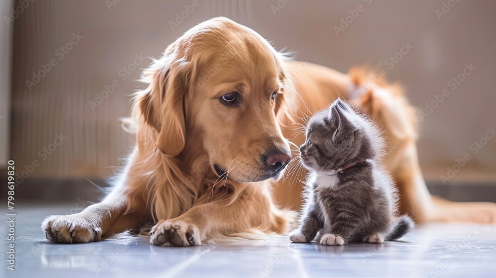 Golden retriever and kitten sharing a tender moment indoors