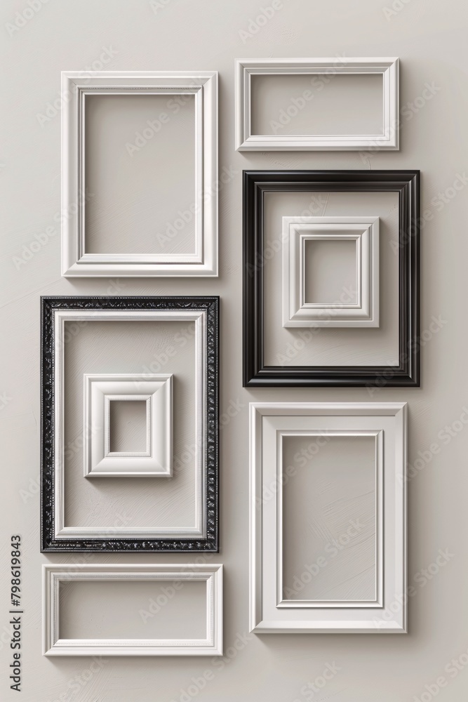 A collection of realistic photo frames in various orientations including square, portrait, and landscape, designed as a mockup with shadows for a versatile display. A collection of realistic photo frames in various orientations including square, portrait, and landscape, designed as a mockup with shadows for a versatile display.