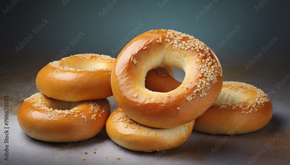 Group of fresh bagels close up on dark background. Bakery product, baked tasty fast food menu Group of fresh bagels close up on dark background. Bakery product, baked tasty fast food menu