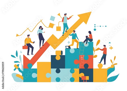 Flat illustration of an upward arrow, puzzle pieces and business people working together to build growth with flat vector elements on white background
