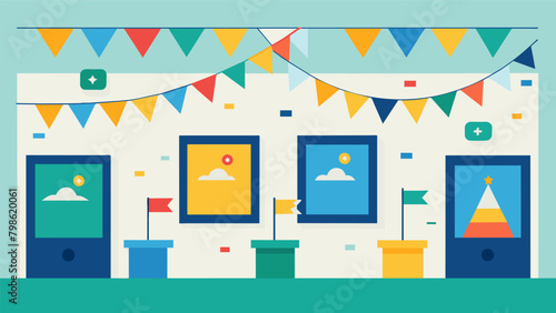 The workshop walls are adorned with various completed flags showcasing the diversity and individuality of each participants vision.. Vector illustration