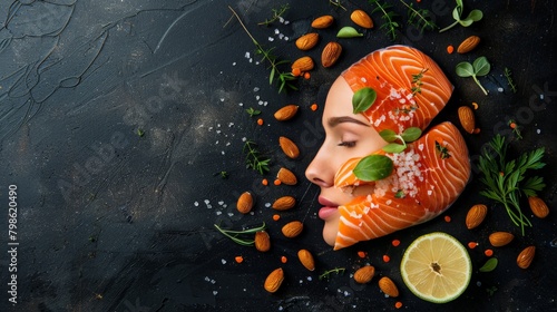 Conceptual photo of a skin outline adorned with skin-nourishing foods like salmon and almonds