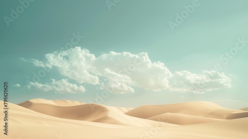 An image of beautiful minimalistic desert landscape with blue sky and white cloud. An abstract picture of desert surrounded by mountain of sand or sand hill and blue sky. Panorama concept. AIG42.