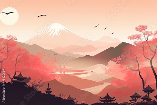 Asia scenery illustration with a warm color palette