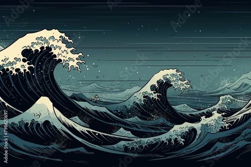 Japanese style illustration of a raging sea