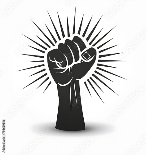  Black and white vector logo of an arm with a closed fist raised up ,powerful symbol of struggle and peace movement