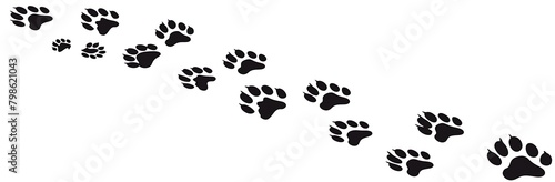 A black vector silhouette of dog paw prints in the shape of an arrow, pointing right on white background
