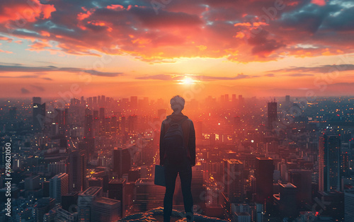 Person stands on the edge of building with laptop in his hands and looks at the setting sun. Cityscape