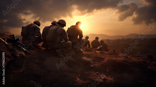 Soldier kneels in prayer, seeking hope and guidance from Jesus Christ, as he prepares for action in midst of war, relying on faith and power of prayer to sustain him in the army's mission for God.