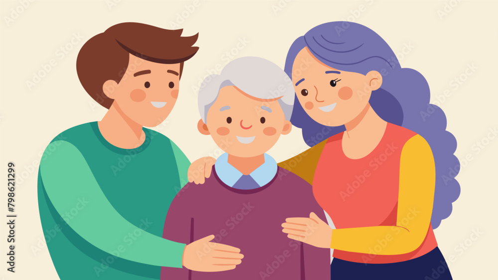 A son and daughterinlaw comforting their elderly mother reminiscing about happier times and reassuring her that she is not alone.. Vector illustration A son and daughterinlaw comforting their elderly mother reminiscing about happier times and reassuring her that she is not alone.. Vector illustration