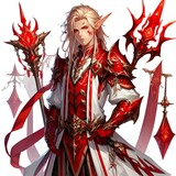 Illustration of a male blood elf fantasy character in red armor.