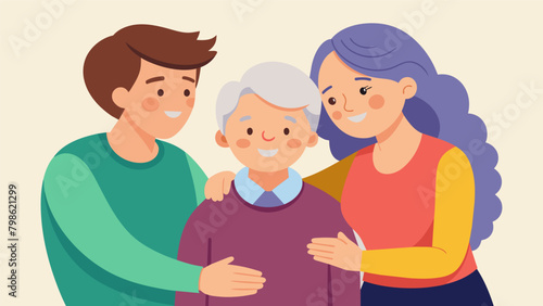 A son and daughterinlaw comforting their elderly mother reminiscing about happier times and reassuring her that she is not alone.. Vector illustration