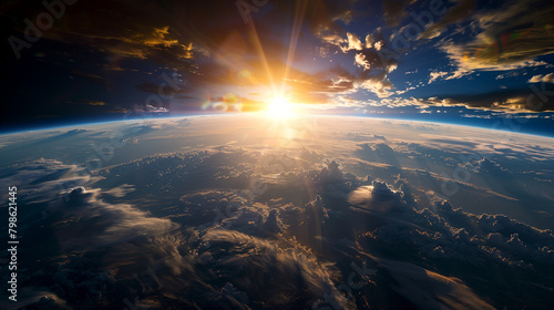 Spacescape with the surface of the Earth and the sun rising at the horizon photo