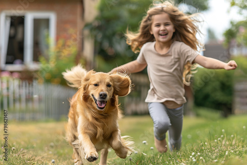 Cute girl running with her dog in front of home