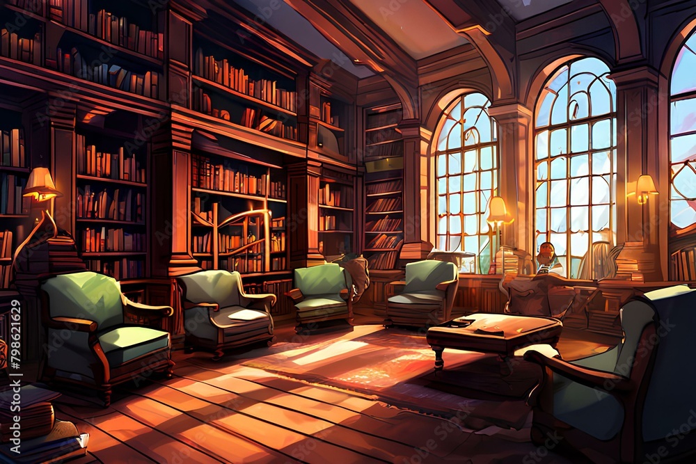 Illustration of a library room with many book and bookshelves and sitting area.