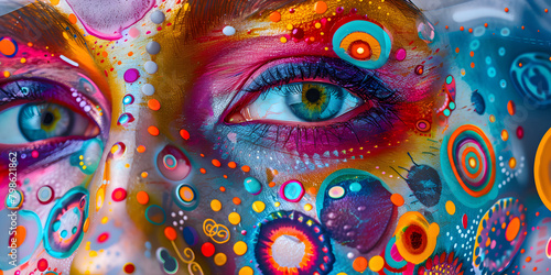 Eye. Creative makeup. Multi-colored coloring. Close-up. Selective soft focus. Color spectrum insight closeup view of the human eye unveils a vibrant creative palette.