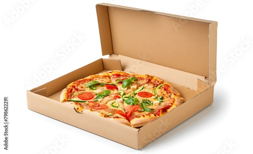 A pizza box is placed on the table, with a white background with chicken wings, salami, cheese, mushrooms, green peppers, black olives, red tomato slices, golden potato chips, all with visible texture