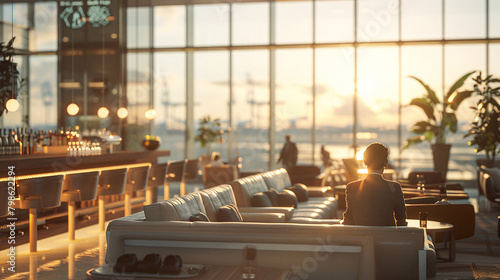 Person is waiting for plane in the VIP lounge of the airport. The concept of comfortable flights and waiting time photo