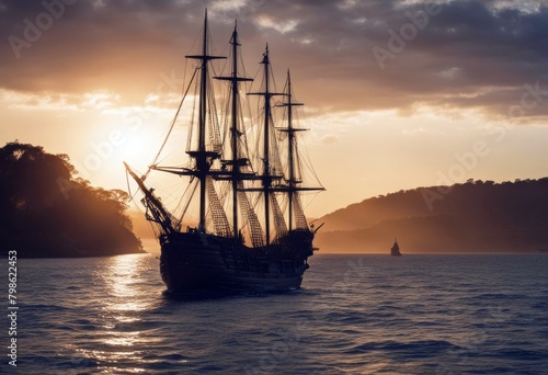 'nautical th pirate scene pair calm century sail ships lazily cloud sun 3d waters sets filled ship sky one close other stance rendering naval marin maritime sea boat vessel'