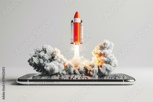 A rocket emerging from phone symbolizing the start of mobile marketing and advertising on smartphones and tablets against a white background.