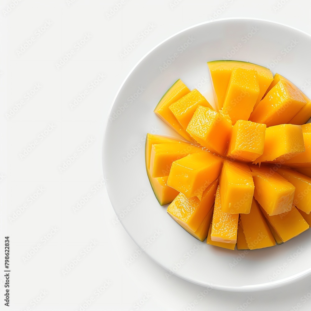Close-up of a sliced mango on a white ceramic plate, isolated on a white background with ample space for text on the right.