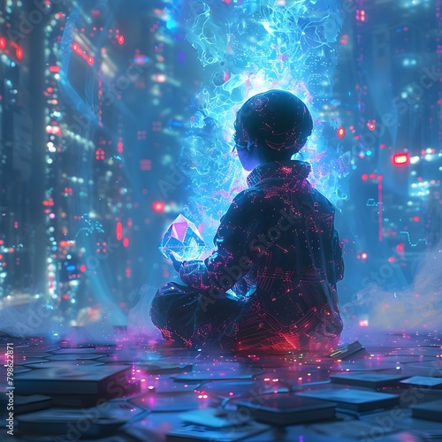 Glowing Underwater Cyberspace in Ethereal Night City Landscape