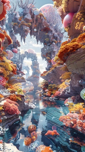 Enchanting Crystalline Landscape of Surreal Rock Formations Cascading Waterfalls and Shimmering Reflections
