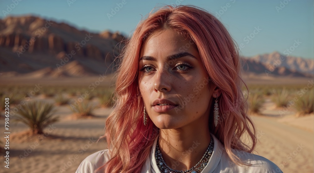 Beautiful young Arabian woman with pink hair in the middle of the desert. Social media post, Copy space Beautiful young Arabian woman with pink hair in the middle of the desert. Social media post, Copy space